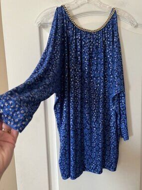 MICHAEL Michael Kors Blue with Gold Chain-Detail Women's Blouse Size Large